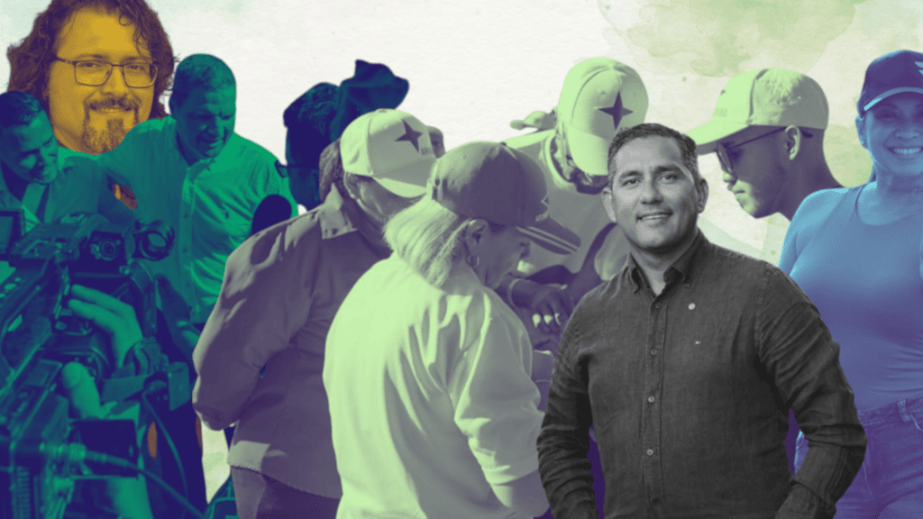 Collage of political figures and campaigners in Aruba with pastel overlay