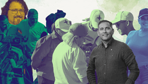 Collage of political figures and campaigners in Aruba with pastel overlay