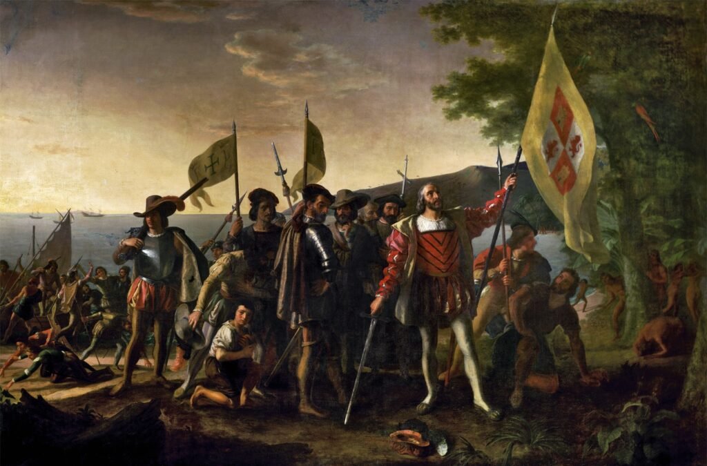 Painting of Spanish conquistadors arriving in the Caribbean, symbolizing the spread of Catholicism to Aruba.