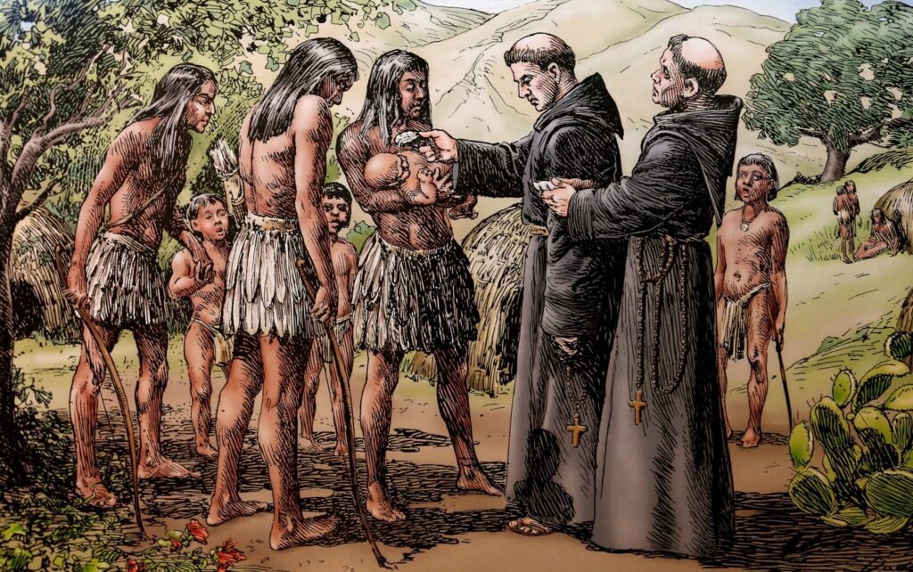 Illustration of Spanish missionaries baptizing indigenous Caquetio people in Aruba during the 15th century.
