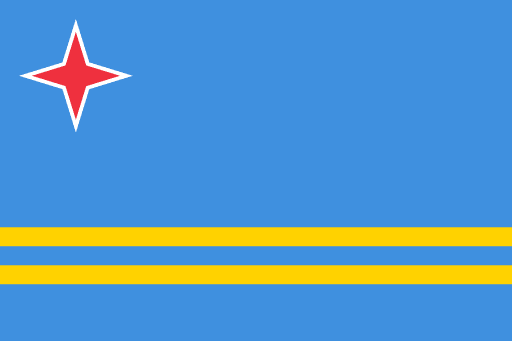 The official flag of Aruba, light blue background with two horizontal yellow stripes and a red star outlined in white.