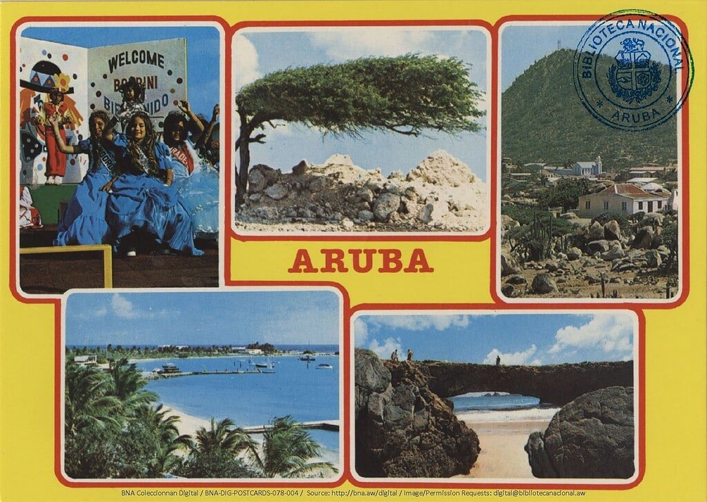 Vibrant collage of Aruba scenic spots and cultural moments featuring a beach skyline, iconic rock formations, lush greenery, local architecture, and a folkloric dance performance. Perfect for promoting Aruba tourism.