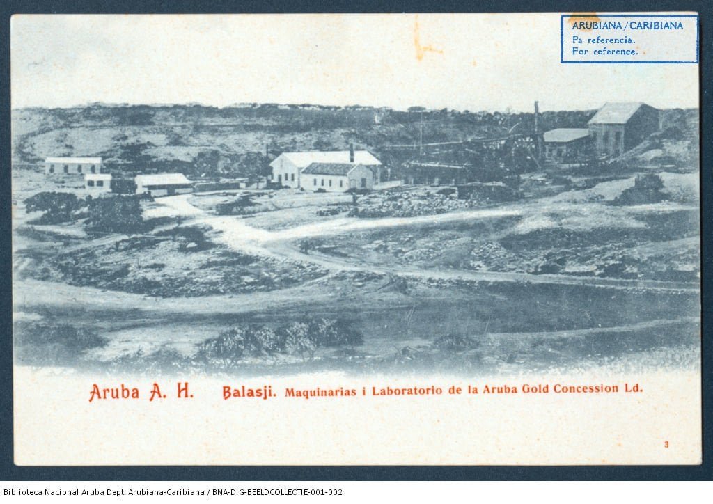 Historical photo of Aruba A. H. Balasji machinery and laboratory, Aruba Gold Concession Ltd., showcasing early industrial development in Aruba.
