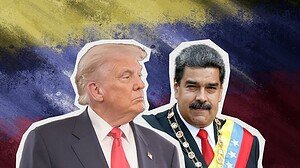 Trump and Maduro against Venezuelan backdrop.