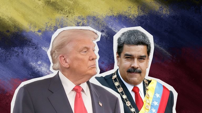 Trump and Maduro against Venezuelan backdrop.
